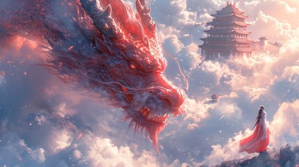 A woman in a long red dress standing in front of a dragon - obrazy, fototapety, plakaty