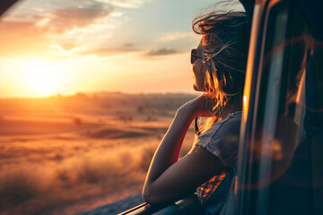 Happy woman traveling opens window to breathe fresh air of nature, Female enjoy travel in outdoor lifestyle activity on road trip vacation - obrazy, fototapety, plakaty