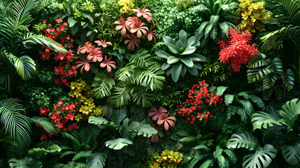 Vertical garden with tropical plants. Green, ecological and sustainable space. Vegetable wall.