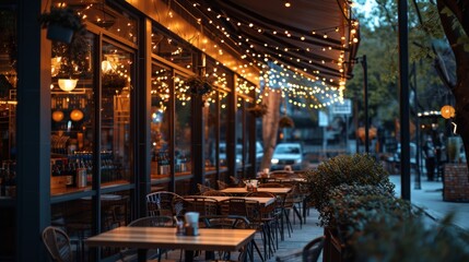 A row of tables and chairs outside of a restaurant - obrazy, fototapety, plakaty