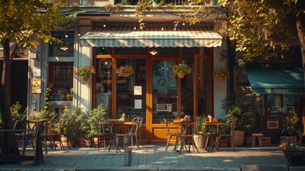 A restaurant with tables and chairs on a sidewalk