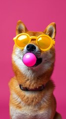 A dog with yellow sunglasses blowing a bubble
