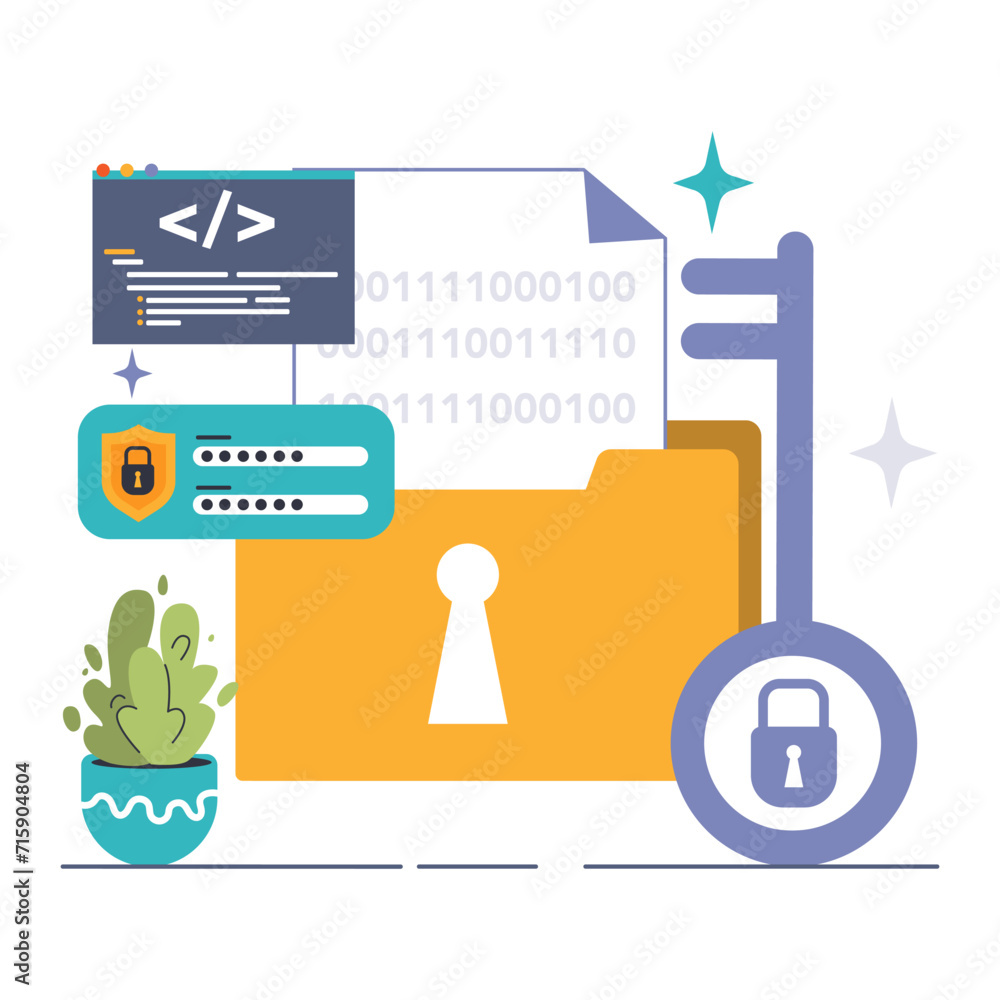 Poster data encryption. personal information, internet access or database protection. cyber security and pr