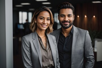 Male and female business couple posing smiling at their business office looking at the camera