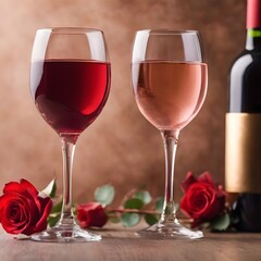 Two elegant wine glasses and rose heart background valentine's day holiday background