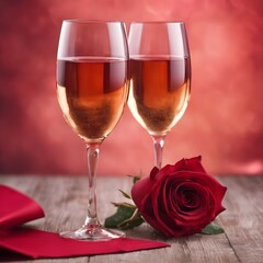 Two elegant wine glasses and rose heart background valentine's day holiday background