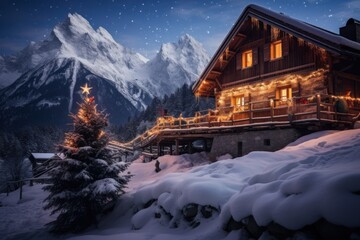 a cabin with a christmas tree in the foreground and a mountain range in the background with snow on the ground.