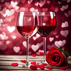 Fototapeta na wymiar Two elegant wine glasses and rose heart background valentine's day holiday background