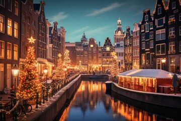  a christmas tree on the side of a river next to a row of buildings with a lit christmas tree on the side of the river. - obrazy, fototapety, plakaty