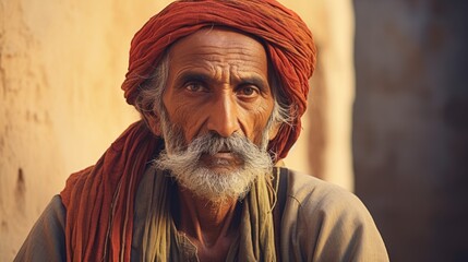 Photorealistic Old Indian Man with Brown Straight Hair retro Illustration. Portrait of a person in ancient aesthetics. Historic movie style Ai Generated Horizontal Illustration.