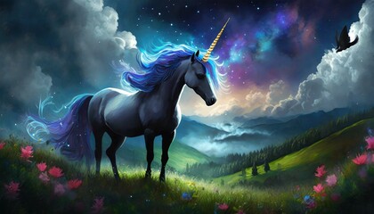 Obraz na płótnie Canvas illustrated unicorn in a meadow with a dramatic sky 