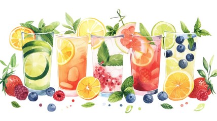 illustration refreshing mocktails , variety of colorful, attractive soft drinks . The trend of a break from drinking alcohol
