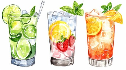 illustration refreshing mocktails , variety of colorful, attractive soft drinks . The trend of a break from drinking alcohol