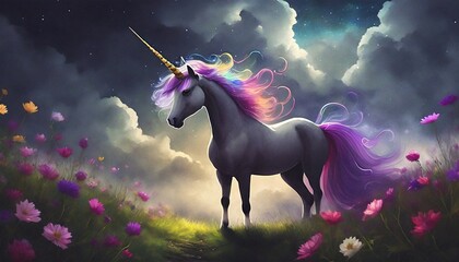 illustrated unicorn in a meadow with a dramatic sky 