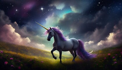 illustrated unicorn in a meadow with a dramatic sky 