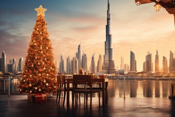 a christmas tree in front of a cityscape with a star on it and a table and chairs in front of it.