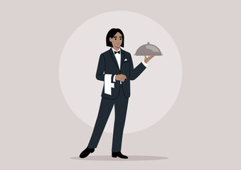 A refined waiter, donned in a sleek black tuxedo with a napkin draped over their hand, gracefully serves a dish covered with a metal cloche