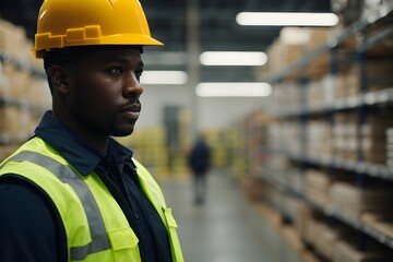 Worker in a warehouse, black African man in high visibility vest, blurred shelves stacks background. Generative AI

