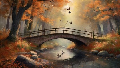 bridge over the river in the autumn season in the magical forest 
