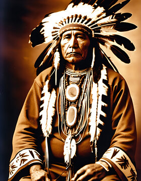 A Native American chief in regal attire, standing beside a tribal totem. AI Generativ