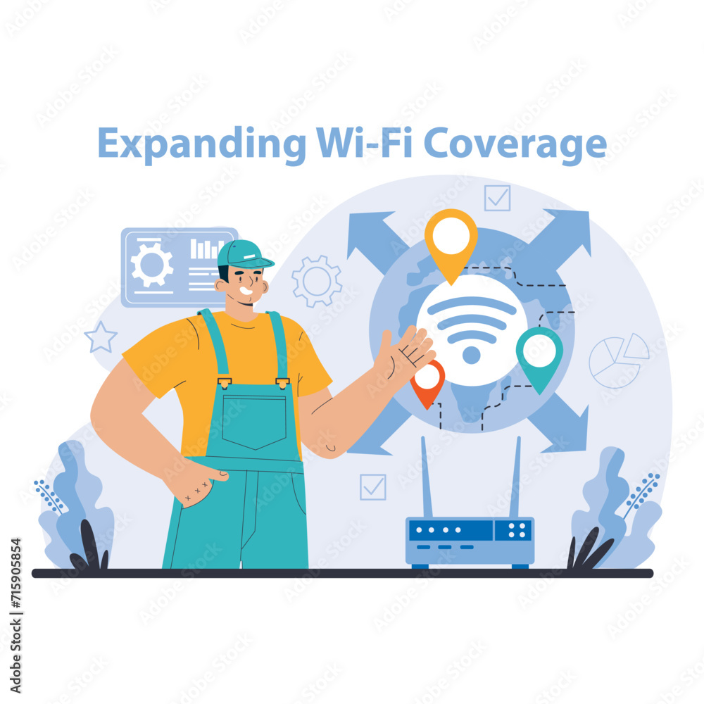 Poster wi-fi network. specialist setting up, developing and maintaining wireless fidelity equipment. secure