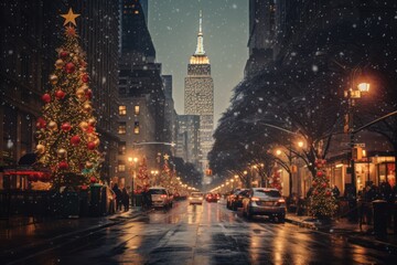  a city street at christmas time with a christmas tree in the foreground and a tall building in the background. - obrazy, fototapety, plakaty