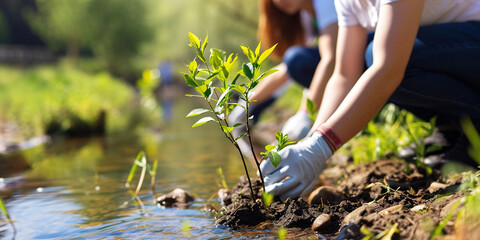 Naklejka premium A volunteer guy plants a tree along a stream to prevent erosion. The concept of ecology, environmental protection. 