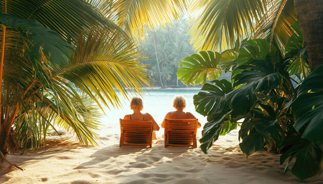 Portrait of two adult women relaxing on the beach under palm trees. Concept of active age