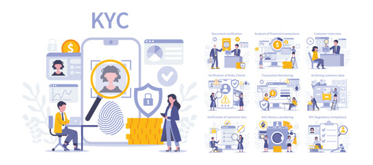 KYC set. Digital identity verification and financial security processes. Customer authentication, anti-money laundering measures, and regulatory compliance. Flat vector illustration. - obrazy, fototapety, plakaty