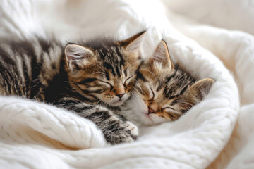 Couple fluffy kitten portrait relaxing on white blanket. Little baby gray and tabby adorable cat in love sleeping at home. Kittens have rest. Animal pet cats lie on bed