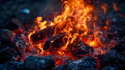 burning lumpy briquette coal as an abstract background. The texture of the fiery coals of a campfire smoldering fire. Close-up, Generative AI - obrazy, fototapety, plakaty