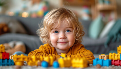 Portrait adorable blonde toddler boy with grey-blue eyes.
