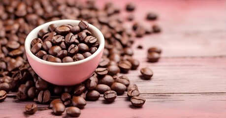 coffee beans in a cup, pink background, Generative AI
