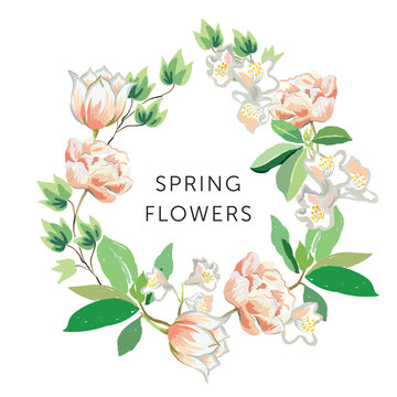 Spring tulips, azalea flowers, green leaves wreath with text, white background. Print for t shirt, poster. Vector illustration. Floral arrangement. Design template greeting card