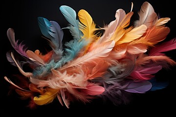  a group of multicolored feathers on a black background with space for text on the left side of the image.