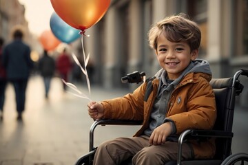 disabled person, wheelchair, children, smile, emotions, balloons, life, light, illness, positive, obstacles, paralysis