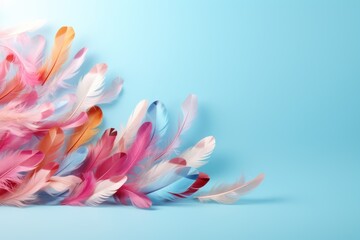  a bunch of colorful feathers flying in the air on a blue background with a shadow of the feathers on the left side of the frame.