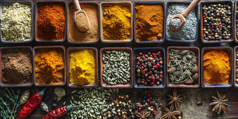 A set of spice sets from all over the world. Concept for advertising shops, restaurants and travel. Dry ingredients for cooking. - obrazy, fototapety, plakaty