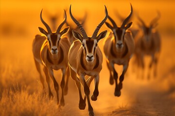 Graceful antelopes in the golden light of african savannah at mesmerizing sunset - obrazy, fototapety, plakaty