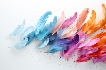  a group of colorful feathers sitting on top of a white table next to a pile of confetti sprinkles.