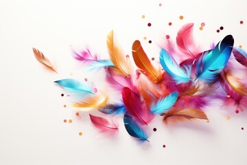  a group of colorful feathers floating on top of a white surface with confetti on the bottom of the feathers.