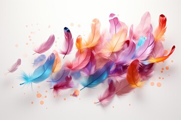  a group of multicolored feathers on a white background with a small amount of dots in the middle of the image.