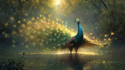 Peel and stick wall murals Fairy forest beautiful peacock in tranquil forest nature landscape, Generative Ai