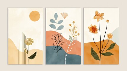 boho natural landscape artwork picture frame collection set on wall, minimal style home wall hanging decor, mockup idea, Generative Ai