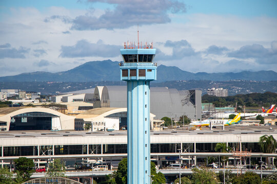 Aerial view of Control Tower, Terminal 2, and Maintenance Hangars at Ninoy Aquino International Airport in Manila, Philippines