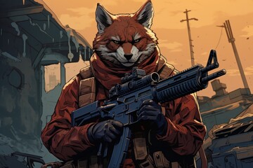  a fox with a gun in his hand and a gun in his other hand, standing in front of a building. - obrazy, fototapety, plakaty