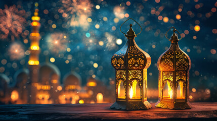 Royal elegant lamp with mosque entry holy gate. Ramadan Kareem, Eid Mubarak. Generative Ai