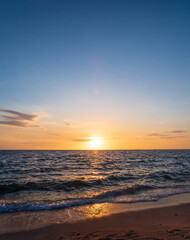 Landscape horizon viewpoint vertical summer sea beach nobody wind wave cool holiday calm coastal sunset sky light orange golden evening day time look calm nature tropical beautiful ocean water travel