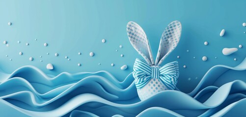 Fototapeta na wymiar Deep blue egg, bunny ears, polka dot bow, and abstract waves