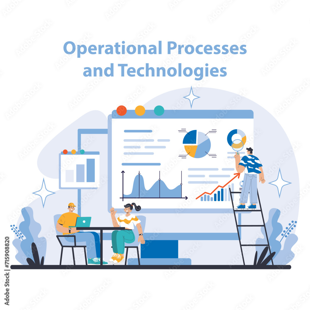 Poster operational processes and technologies concept. integration of analytics and teamwork in business op